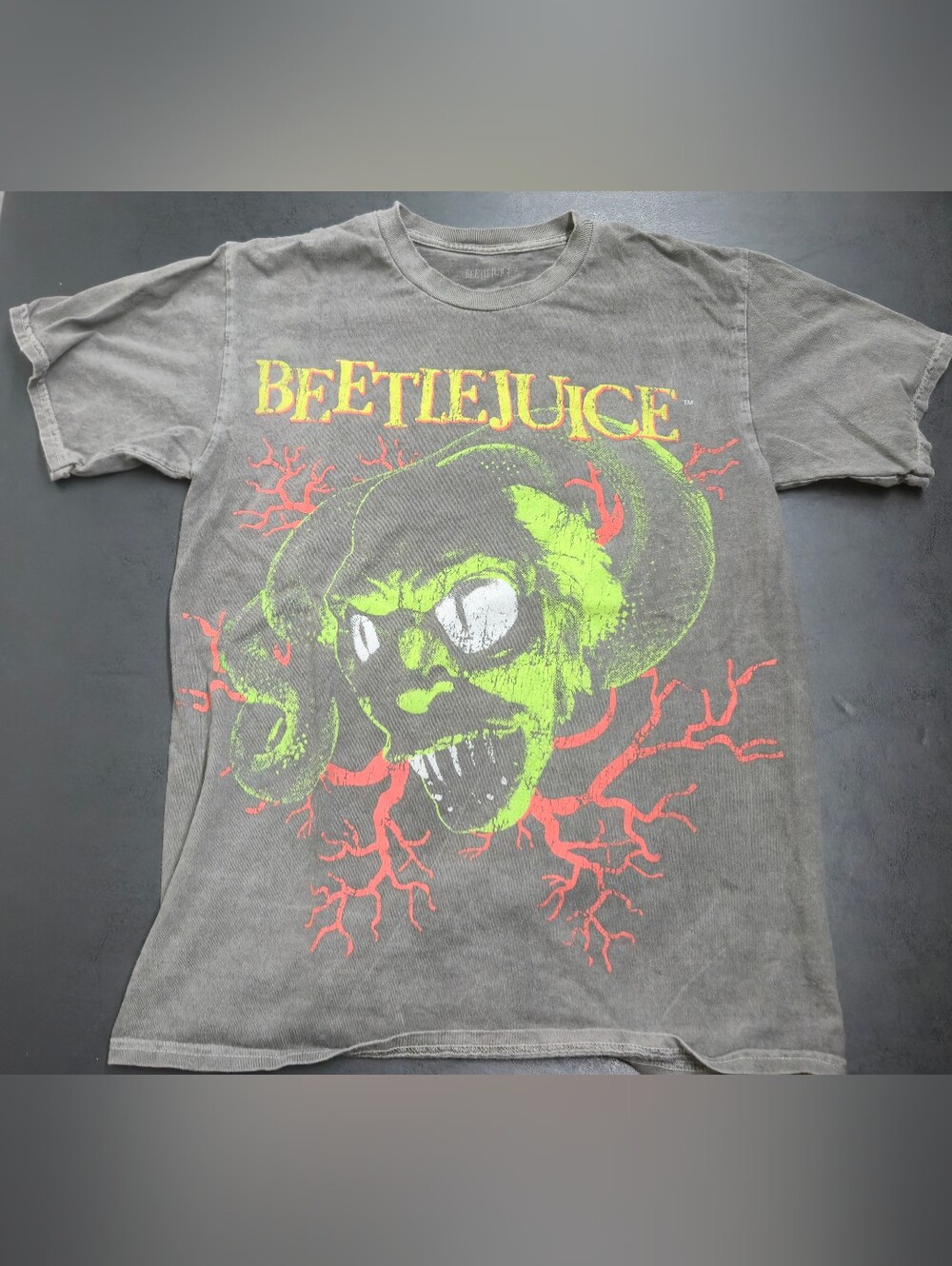 Beetlejuice Graphic Short Sleeve Tee - Gray with Neon Green & Red Print